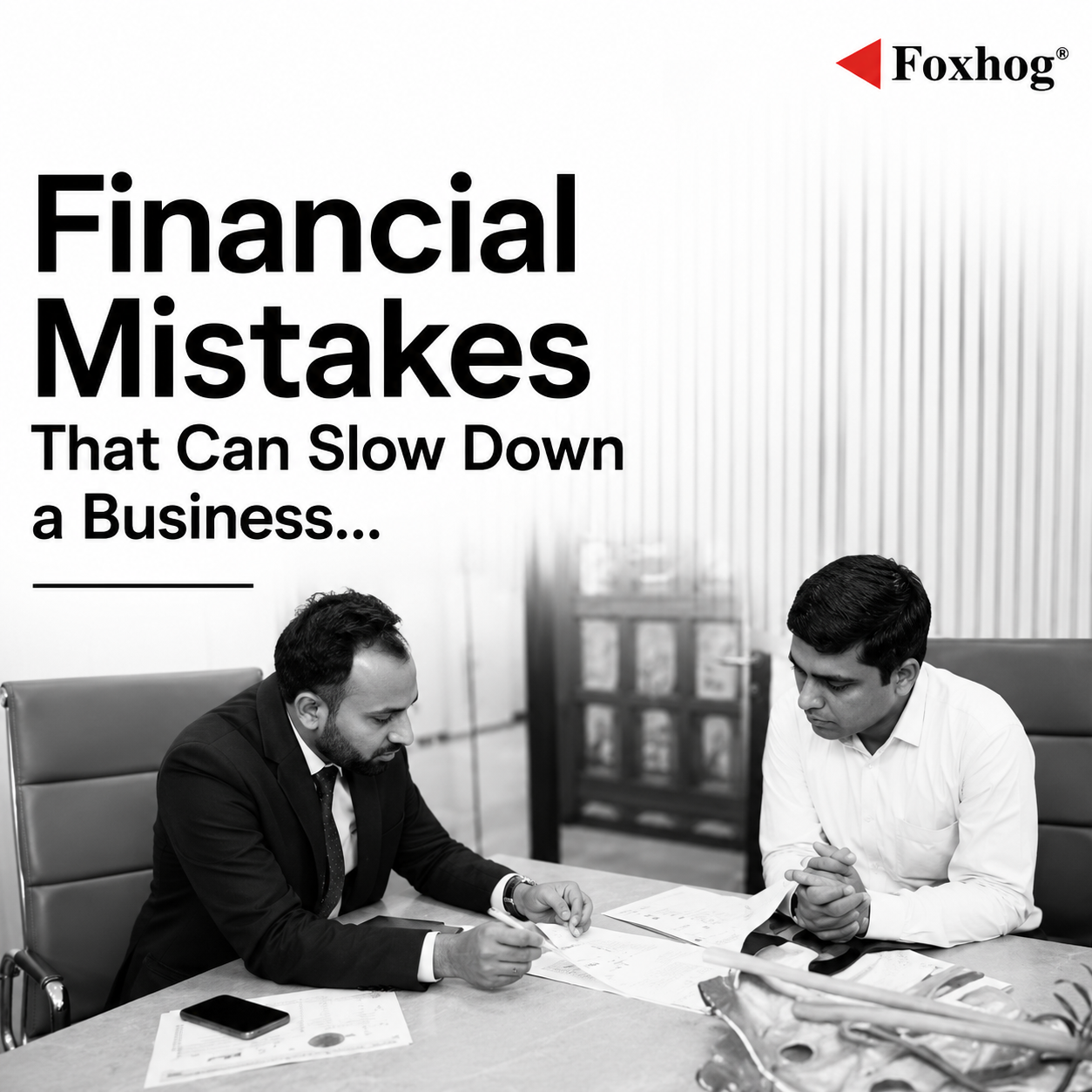 Two men in a business meeting reviewing documents, with bold headline reading 'Financial Mistakes That Can Slow Down a Business' and Foxhog logo in the top right.
