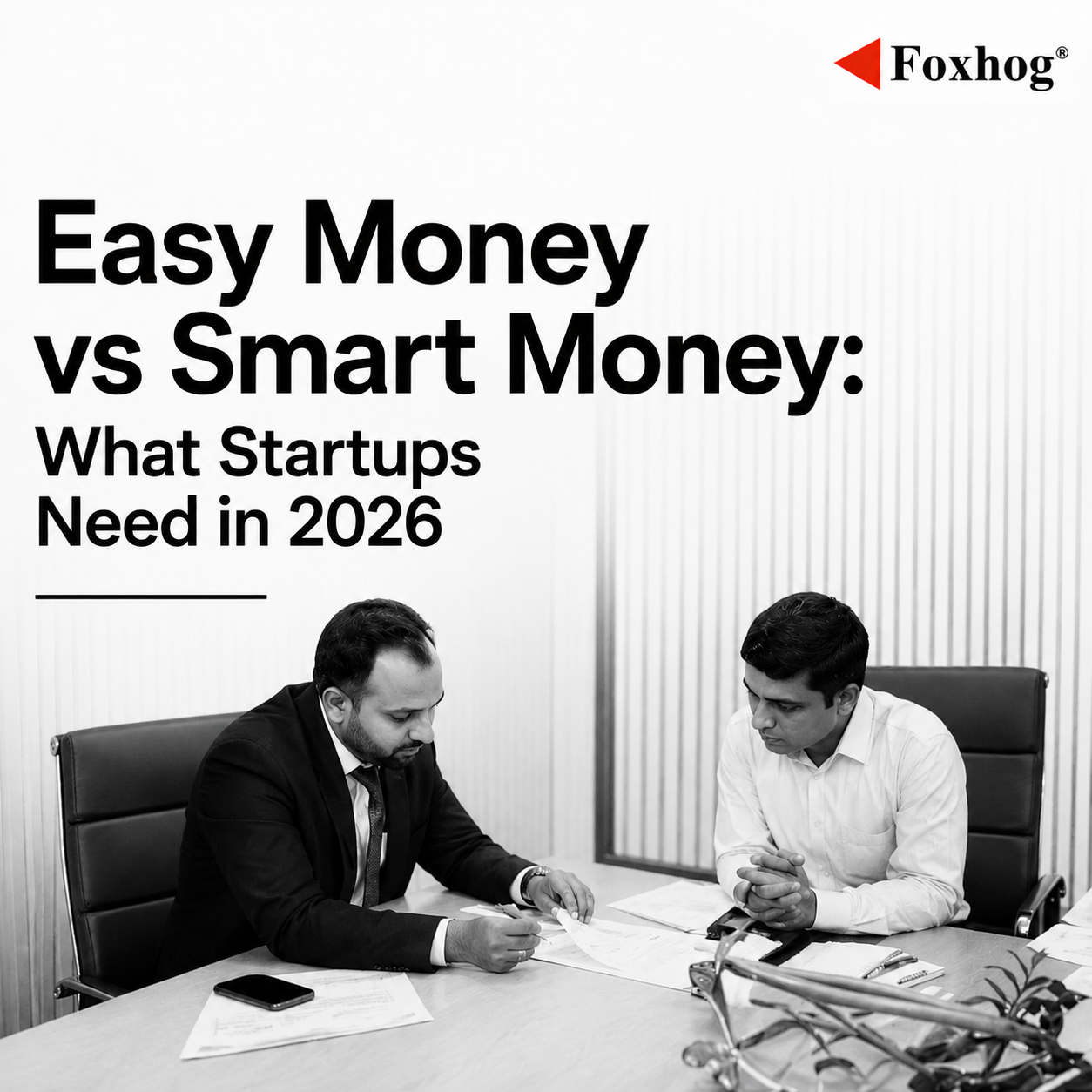 Two businessmen review documents at a desk beneath the large headline: 'Easy Money vs Smart Money: What Startups Need in 2026'. Top-right shows the Foxhog logo.