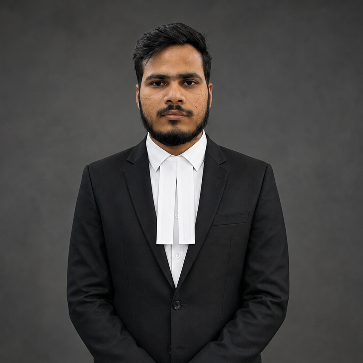 Professional head-and-shoulders portrait of a man in a black suit and white formal shirt with a bib collar, against a gray studio backdrop.