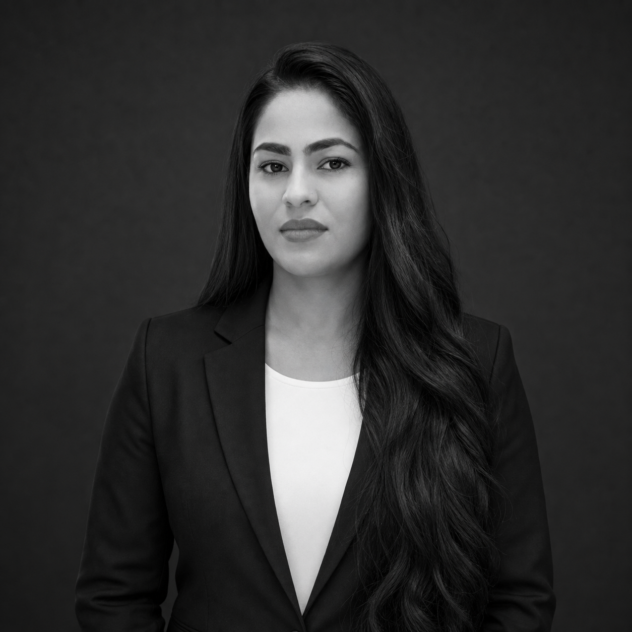 Professional black-and-white headshot of a woman in a dark blazer and white top, facing the camera, neutral backdrop.