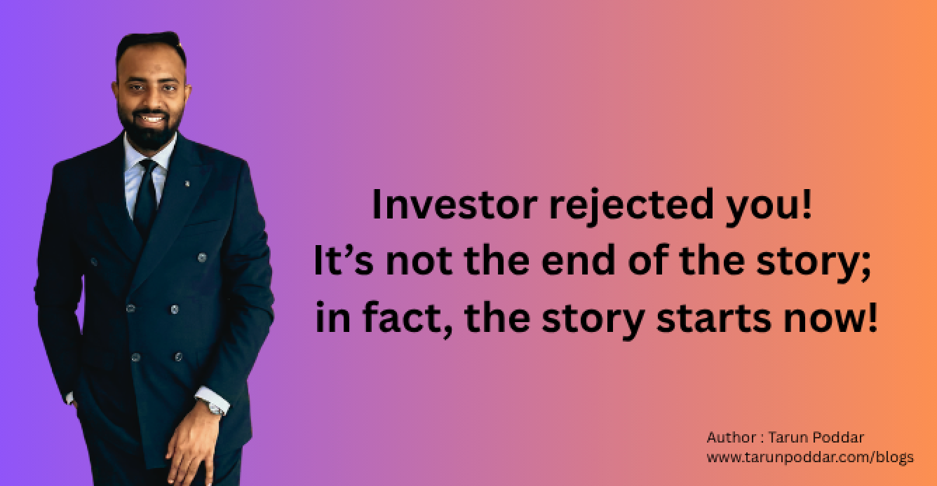 Motivational banner with a man in a suit on the left and bold text about turning investor rejection into a fresh start.