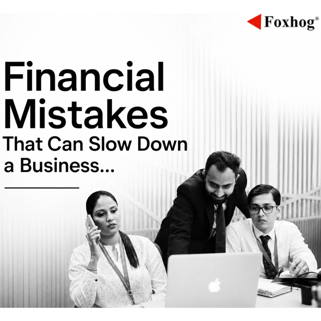 Banner with three professionals around a laptop, headline 'Financial Mistakes That Can Slow Down a Business...' and Foxhog logo.