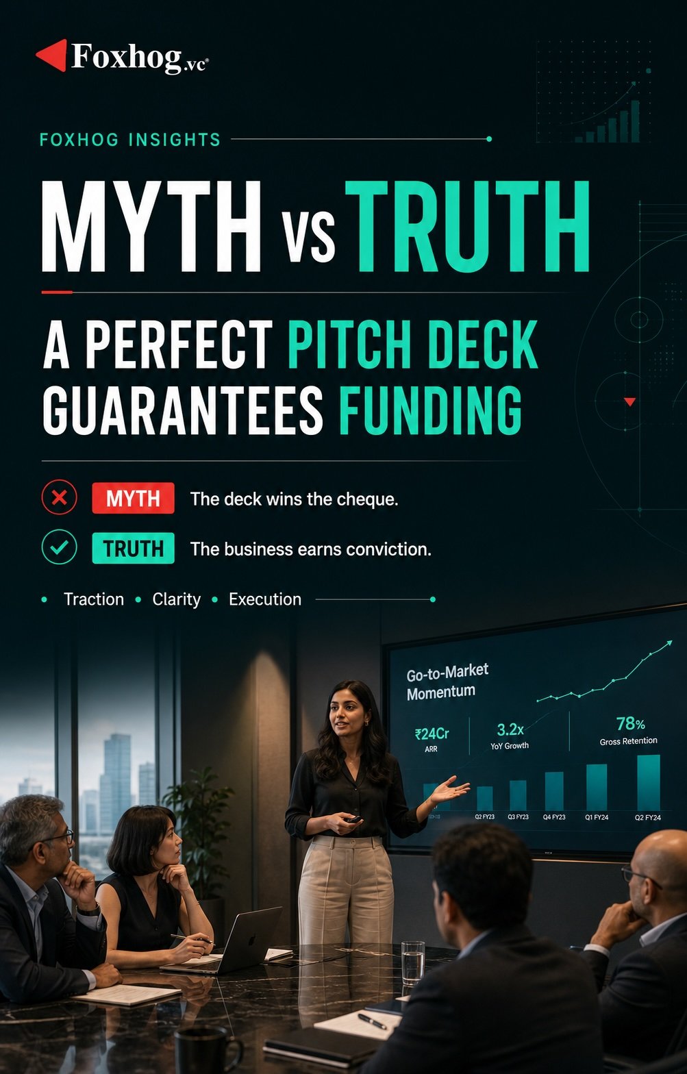 Poster for a business presentation titled 'MYTH vs TRUTH' by Foxhog Insights, in a conference room with professional attendees watching the speaker.