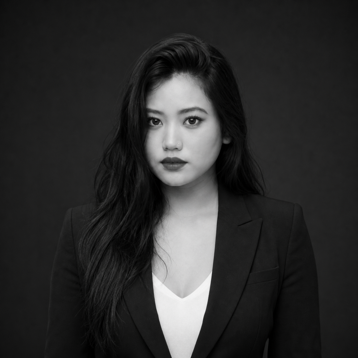Black-and-white head-and-shoulders portrait of a woman with long dark hair, wearing a blazer and white top, looking at the camera.