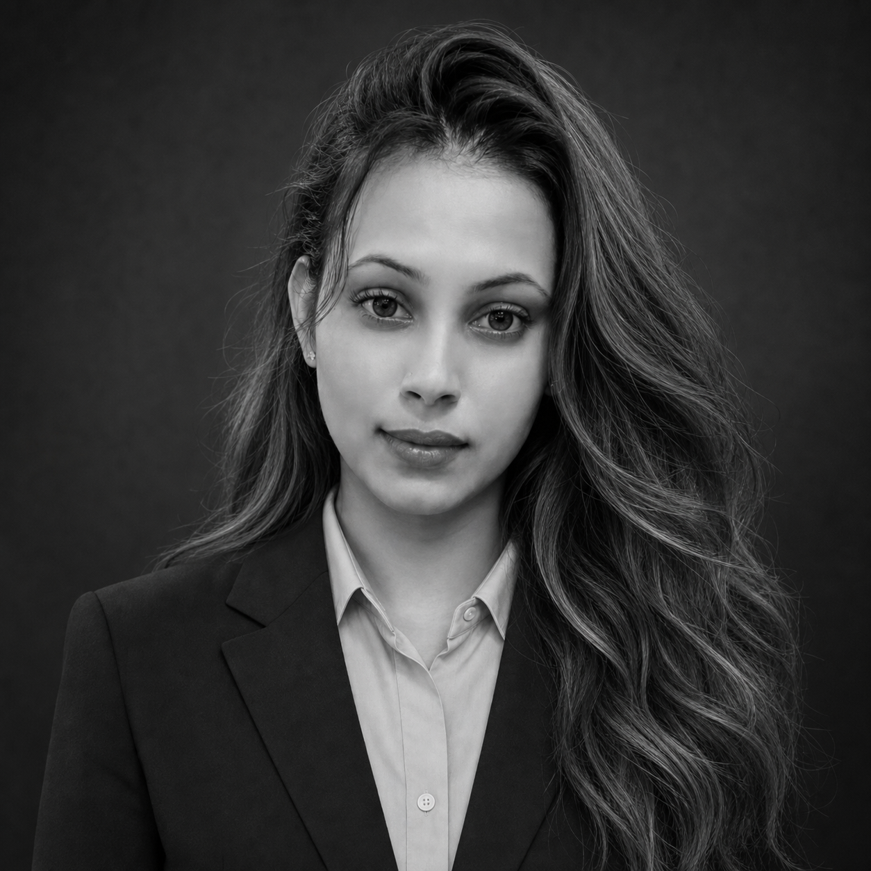Professional head-and-shoulders portrait of a woman with long wavy hair, wearing a blazer and button-down shirt, looking at the camera.