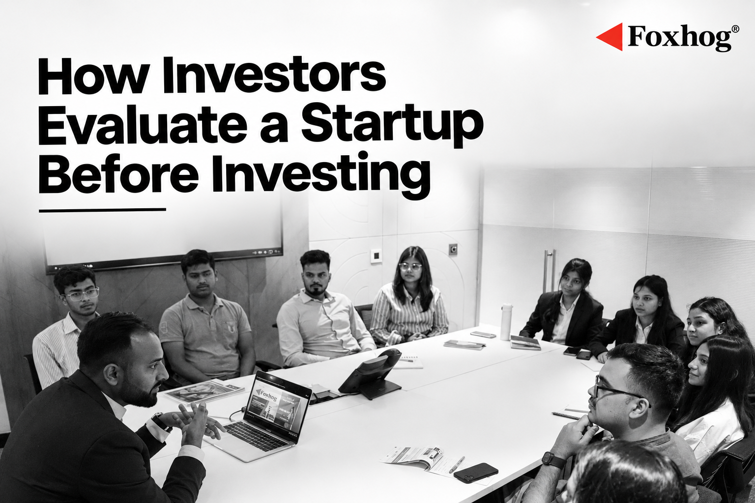 Boardroom scene with a presenter and colleagues around a table; large headline reads 'How Investors Evaluate a Startup Before Investing' with Foxhog logo in the corner.