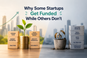 Split-scene startup growth: plant on coins with 'Strong Team', 'Market Potential', 'Traction' blocks vs gray bricks labeled 'Weak Team', 'No Traction', 'Unrealistic Valuation'.
