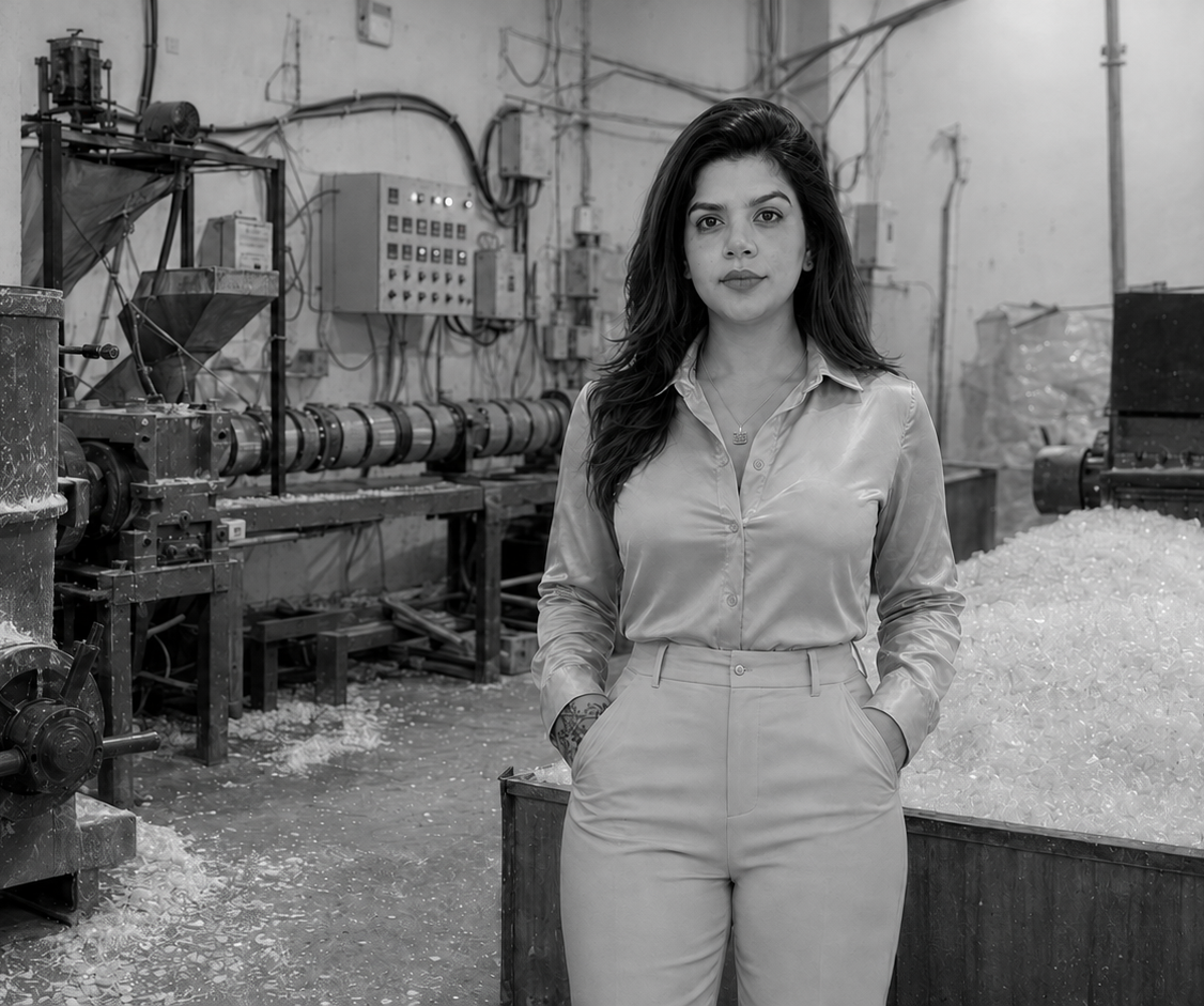 Woman in a factory standing with hands in pockets, surrounded by machinery and piles of ice shavings in a dim industrial setting.
